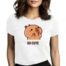 Tops para mujer de Mujer con Estampado de Capibara, Casual, de Manga Corta, Cuello Redondo, de Algodón, Suave y Elástica - Blanco - Ver 6