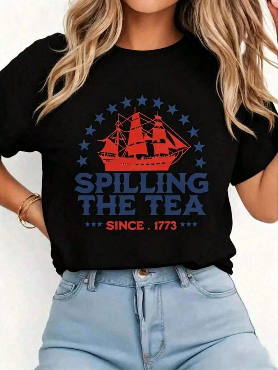 Women's Y2K Summer Casual T-Shirt, 1 Piece, Fun 4th Of July Print Tee "Spilling The Tea Since 1773", Casual Crew Neck Short Sleeve T-Shirt, Comfortable For - 黑色 - 查看 1