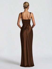Red Satin Square Neck Maxi Dress, Ruched Bodycon Formal Evening Gown With Gloves - 棕色 - 查看 2