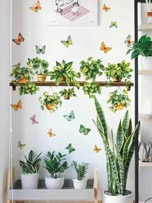 Watercolor Green Plant & Butterfly Wall Stickers, Self-Adhesive Waterproof Grease-Proof, Mori Style, Ins Aesthetic, Living Room Bedroom Bathroom Rental Renovation, Fresh Atmosphere Decor - Wall Stickers - View 1
