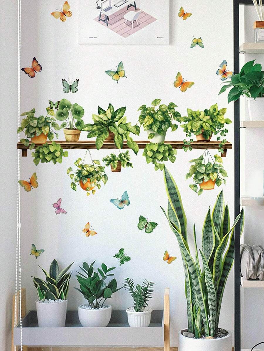 Watercolor Green Plant & Butterfly Wall Stickers, Self-Adhesive Waterproof Grease-Proof, Mori Style, Ins Aesthetic, Living Room Bedroom Bathroom Rental Renovation, Fresh Atmosphere Decor - Wall Stickers - View 1