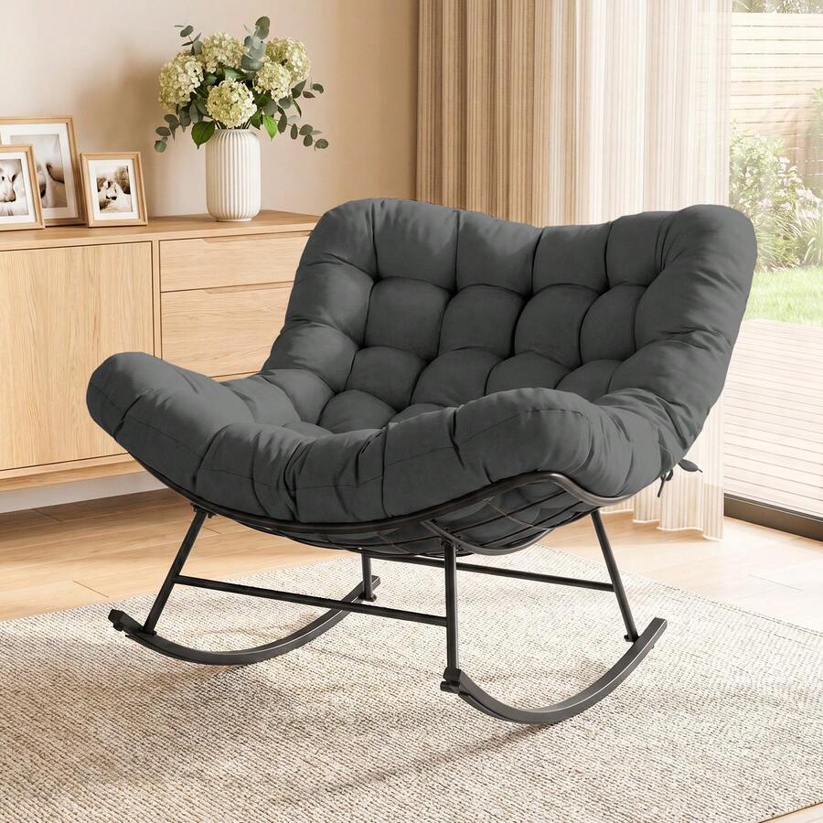 Indoor Outdoor Cushioned Papasan Rocking Chair For Outdoor Indoor, Oversized Outdoor Rocking Chair With Cushion, Outdoor Rocking Egg Chair, Patio Rocker For Porch, Balcony, Lawn, Bedroom, Living Room, Gray - 灰色 - 查看 1
