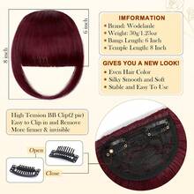 Clip In French Bangs With Temples |   Natural Curved Faux Bangs Hair Extensions For Women Daily Wear - Wine Red - View 2