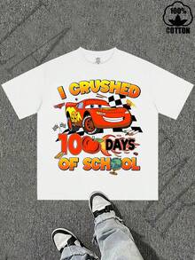 Disney Cars Lightning McQueen 100 Days Of School Graphic T-Shirt, Casual Cartoon Style, Ultra Soft & Breathable Fabric, Perfect For 100th Day Celebration, Neutral Unisex Tee - trắng - Xem 2