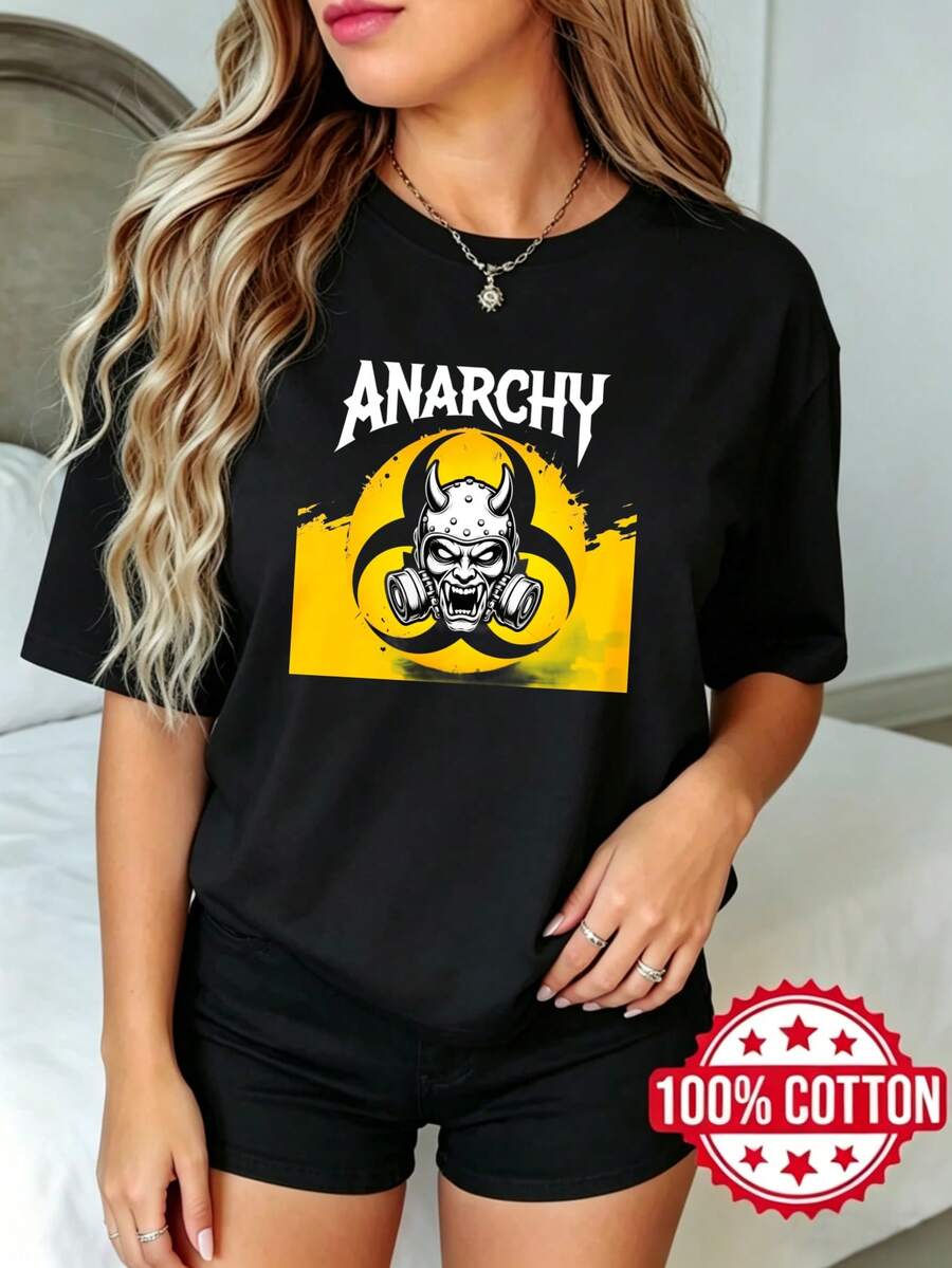 Women's Casual Summer Black Short-Sleeved T-Shirt With Round Neck And Print, Featuring Anarchy Skull And Gas Mask On A Yellow Background. Sizes S-3XL. Fashionable 100%. - 黑色 - 查看 1