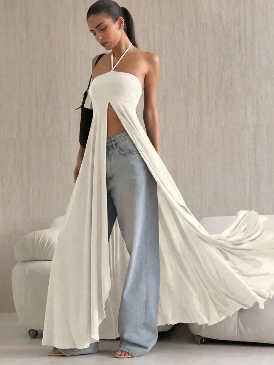 Elegant Sleeveless Halter-Style Dress, Exclusive Design, Fitted Cut With A Wide Slit, Versatile And Unique Style - 杏色 - 查看 1