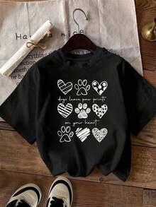 Short-Sleeve T-Shirt With Dog Paw Print And Heart - Unisex, Loose Fit - Comfortable, Urban Vintage Style - Cotton T-Shirt - 黑色 - 查看 1