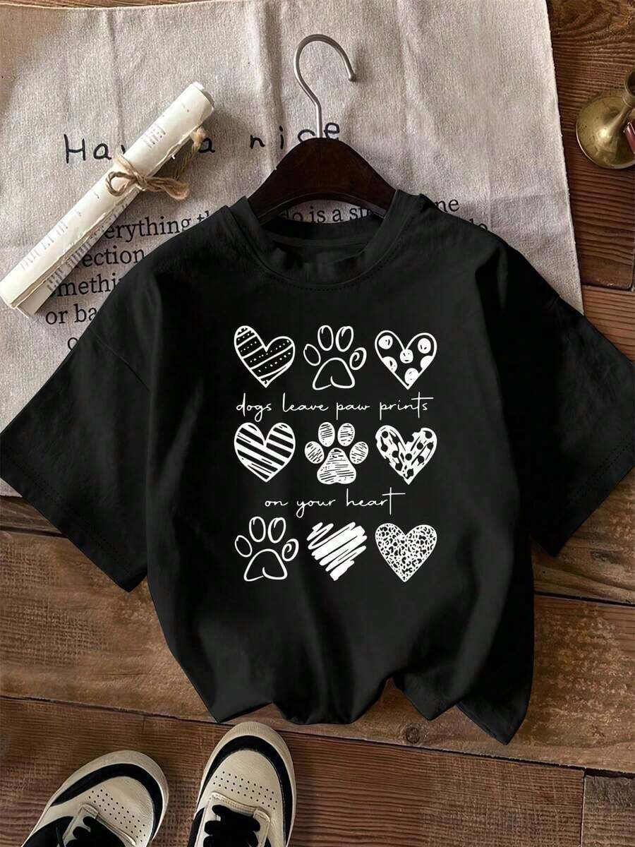 Short-Sleeve T-Shirt With Dog Paw Print And Heart - Unisex, Loose Fit - Comfortable, Urban Vintage Style - Cotton T-Shirt - 黑色 - 查看 1