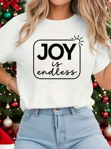 Camiseta moderna y minimalista para mujer, con la llamativa inscripción "JOY" combinada con la frase escrita a mano "es infinita", decorada con un rectángulo redondeado y un pequeño sol, presenta un diseño fresco y brillante que transmite el concepto positivo de la alegría infinita. Camiseta blanca de manga corta estampada - adecuada para primavera, verano y otoño, estilo casual, diseño moderno, versátil para el uso diario, tela, estilo casual y moderno para el día a día. - Blanco - Ver 1