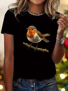 Camiseta Casual de Mujer con Estampado de Pájaros - Cuello redondo en rosa suave, ajuste elástico y cómodo, lavable a máquina, disponible en tallas S-XXL, múltiples colores disponibles, camiseta de fácil cuidado, corte holgado, estampado divertido, ropa de fácil cuidado, camiseta rosa, atuendo elegante, tela transpirable, camiseta de moda, blusas para mujer en talla adulta. Camisetas Gráficas de Verano para Mujer. Camiseta Casual de Mujer con Estampado, Manga Corta y Cuello Redondo, Moda Urbana Local de Primavera/Verano. - Negro - Ver 7