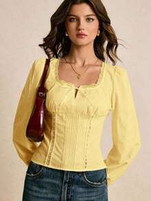Blusa de manga larga elegante con ribete de encaje de unicolor para mujer - Amarillo claro - Ver 2