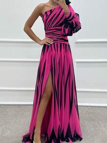 Off-The-Shoulder Print Dress With A Casual Slit For Everyday Wear - Hot Pink - View 2