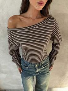 Top de manga larga asimétrico de hombro de punto de color albaricoque para mujer, otoño/invierno - Multicolor - Ver 5