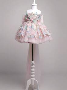 Vestido formal elegante para niñas con gran lazo, aplicaciones florales de lentejuelas y cola desmontable, vestido de princesa para fiesta de cumpleaños, boda, niña de las flores, reunión, baile de graduación - Rosa - Ver 7