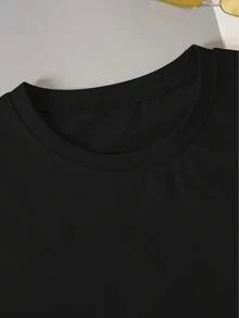 Oversized Short-Sleeved T-Shirt With Heart And Flower Print, Vintage Round Neck, Cool Woodland Style, Loose Fit, Versatile Women's Clothing For Elegant Parties And Everyday Wear, Spring-Summer 2026, 100% Cotton. - 黑色 - 查看 4