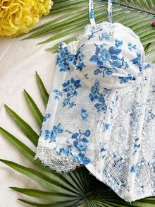 Camiseta de malla con estampado floral vintage romántico para mujer, adecuada para vacaciones, citas, té de la tarde, festivales de música, estilo bohemio - Azul y blanco 2 - Ver 6