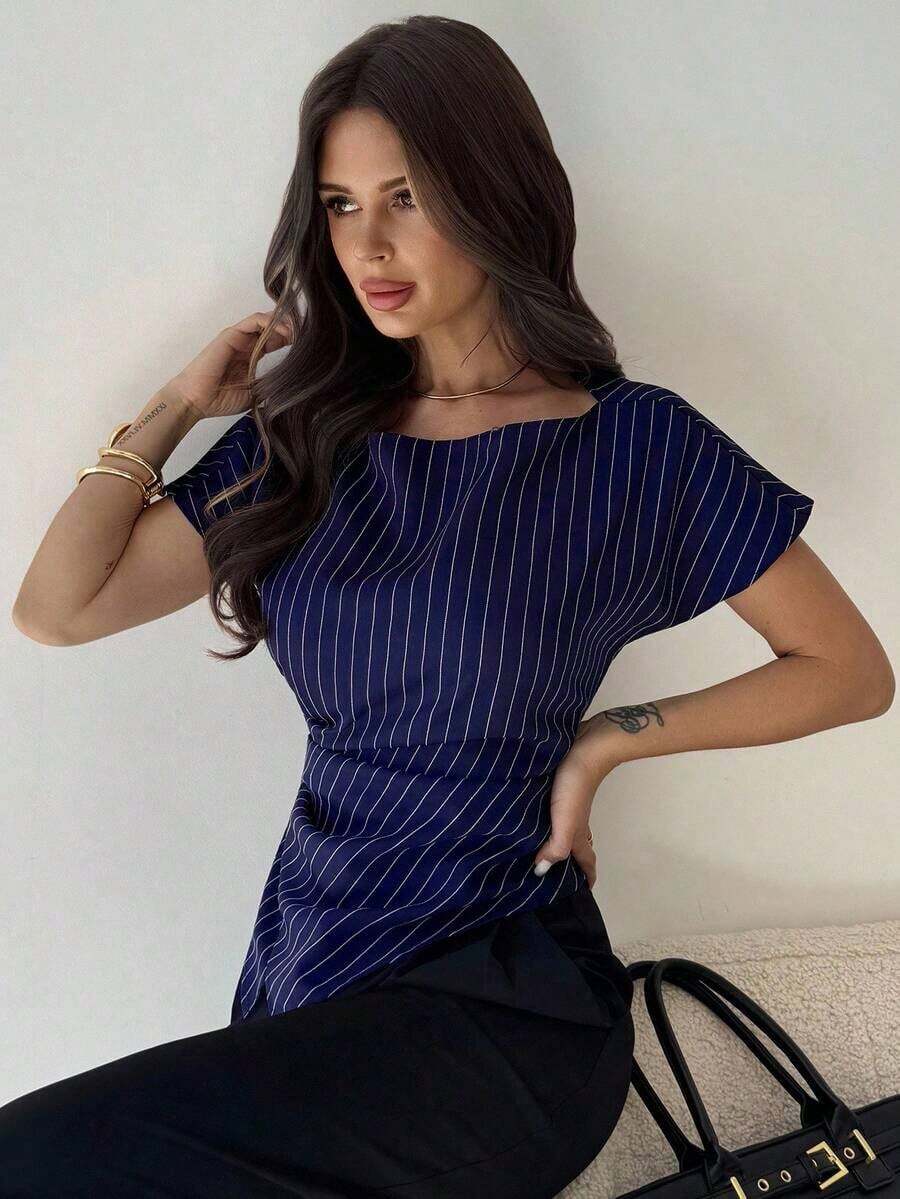 Blusa asimétrica casual y elegante a cuadros, adecuada para ir al trabajo, uso diario casual y vestimenta de negocios de moda / Ropa de otoño para mujer / Atuendos para volver a la escuela / Atuendos de maestra / Blusas para salir / Blusas para salir / Casual de negocios para mujer / Camisa a rayas / Casual de negocios para mujer / Camisas de maestra - Azul - Ver 1