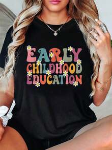 Camiseta de Educación Infantil para Mujeres Talla Grande - Estampado de Letras del Alfabeto (- Primero), Manga Corta y Cuello Redondo Casual para Maestras, Guarderías y Personal - Cómoda y Profesional para Uso - Negro - Ver 2