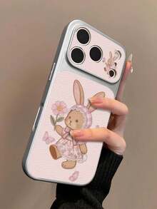 Cute Rabbit & Flower Pattern 17 Case, Compatible With IPhone 17 Pro Max, Faux Leather Texture Protective Cover Compatible With Iphone 16 Pro, Cartoon Design Compatible With Iphone 15/14 Full Body Smartphone Case - Pink - View 2