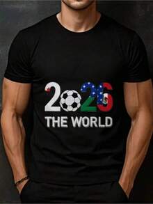 High-quality T-shirt, 200g pure Gráfico con balón de fútbol y números decorados con banderas de Canadá Estados Unidos y México representando la unión global en la Copa Mundial 2026 y mensaje THE WORLD Camiseta de hombre 100% algodón casual cómoda para aficionados 100% , trendy design t-shirt, high-quality printed gift for festivals, birthday, sister outfit, brother outfit (1 piece) - Negro - Ver 6