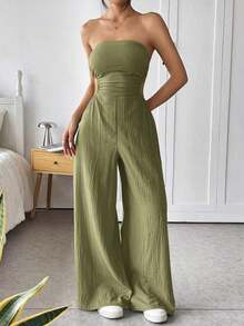 Mono de pierna ancha informal de mujer de talla grande, de algodón, con tirantes finos y espalda descubierta, para verano - Verde militar - Ver 8
