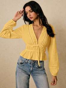 Camisa casual de mujer de unicolor con cuello en V y detalle de nudo en la parte delantera, de manga larga - Amarillo - Ver 4