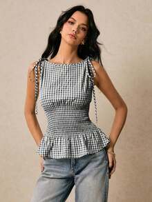 Blusa de cuadros verdes con cuello redondo, cintura con lazo y volantes en el bajo, hombros con lazo, para verano, tops de mujer, tops de verano, tops de concierto, tops de playa, tops con volantes, tops con lazo delantero, tops bohemios, tops de - Blanco y Negro - Ver 8