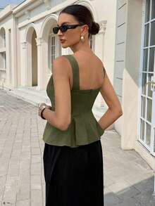 Blusa elegante sin mangas con cintura ceñida para uso diario, verano - Verde militar - Ver 2