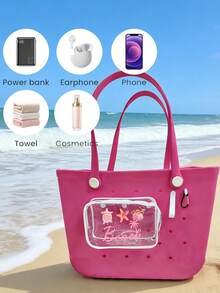 New "Beach" Print Waterproof PVC Beach Bag, Decorated With Shells And Starfish, Beach Accessories, Toiletry Bag, Travel Accessories, Suitable For Decorative Items, Suitable For Travel And Outings, Durable Waterproof And Wear-Resistant, Easy To Clean, Suitable For Bogg Bags, Transparent Bogg Cosmetic Bag With Phone Holder, Internal Compartment Storage Space, Suitable For Travel Cosmetic Bag - Multicolor - View 7