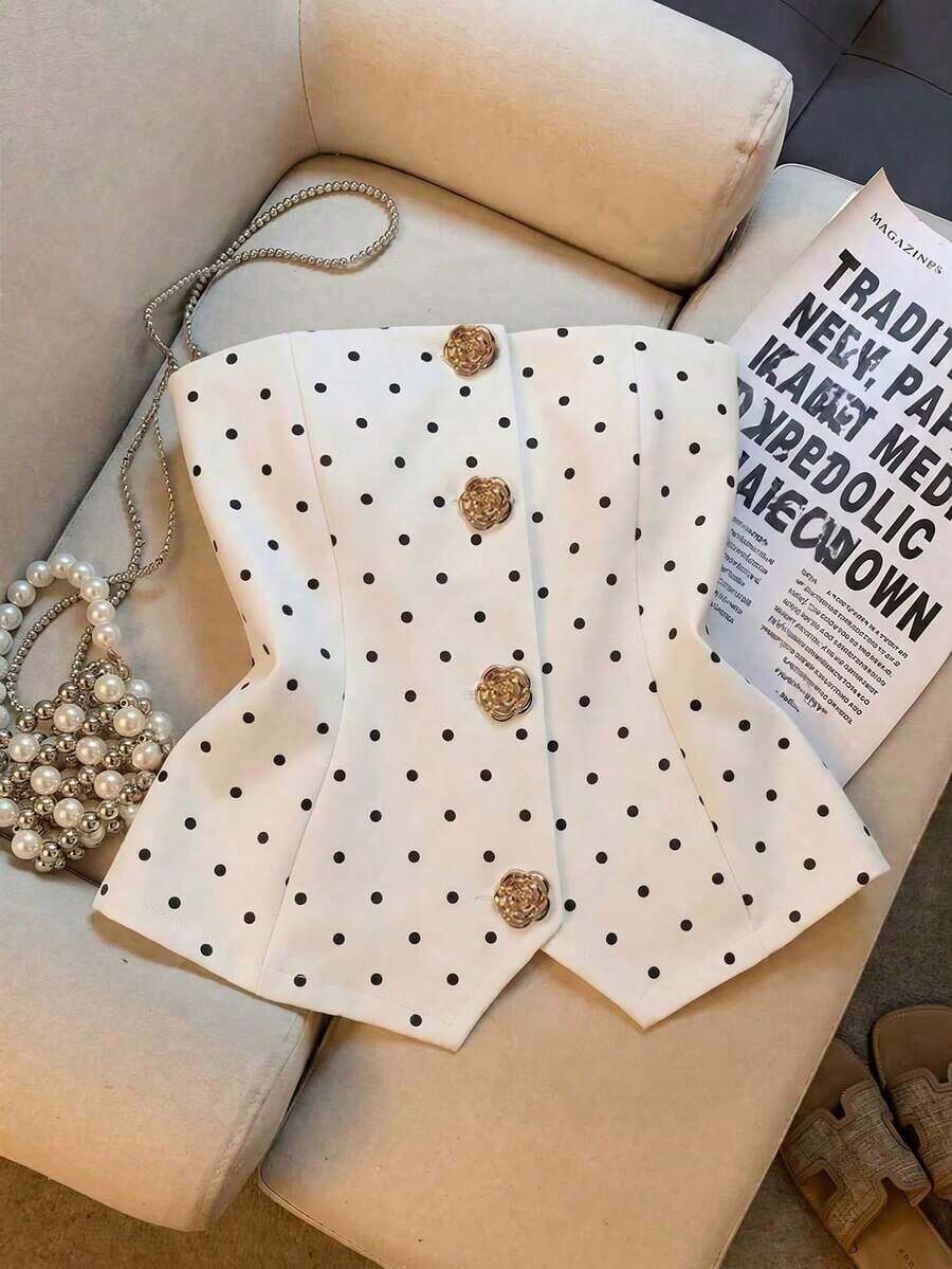 Top de tirantes elegante con decoración de botones florales para mujer, verano - Blanco 2 - Ver 1