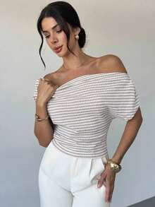 Camiseta de mujer con cuello asimétrico texturizado y mangas tipo murciélago, blusa de tela perforada, adecuada para primavera y verano, para ir al trabajo, elegante, casual, diaria, ocasiones de trabajo.Blusa de mujer de color amarillo claro.Ca - Albaricoque - Ver 6