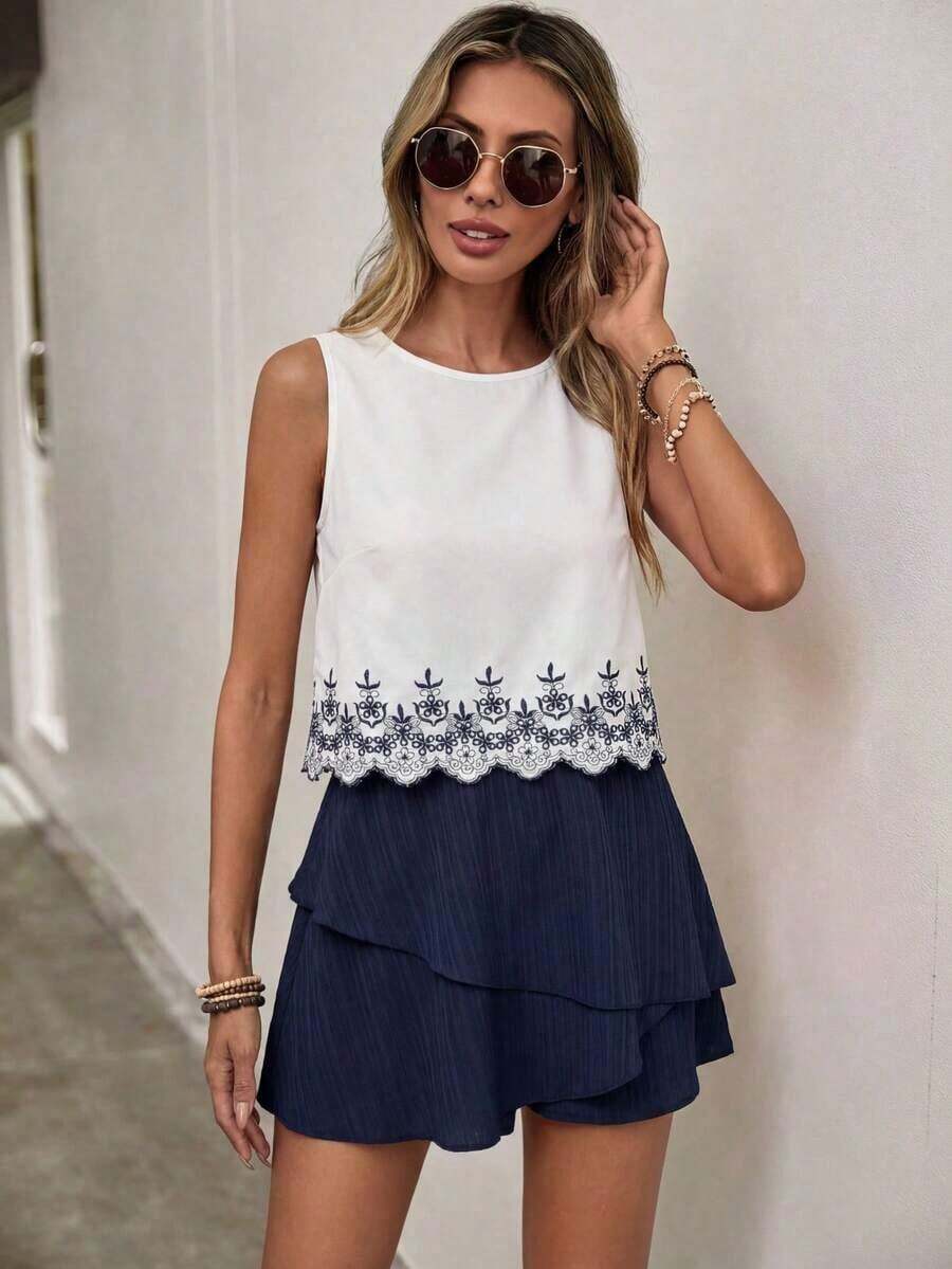 2 piezas de camiseta sin mangas y shorts de falda con diseño asimétrico y multicapa, ideal para uso casual, ir al trabajo o de vacaciones - Azul y blanco - Ver 1