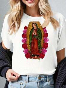 Nuestra Señora de Guadalupe con el Niño y Entorno Floral Camiseta de  Gris Blanca Albaricoque Claro Rojo Oscuro - Blanco - Ver 5