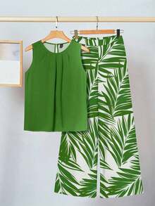 piezas de parte superior sin mangas con gráfico de plantas y pantalones holgados, adecuado para vacaciones de verano - Multicolor 2 - Ver 1