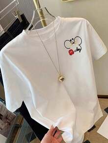Women's Casual Short Sleeve T-Shirt With Adorable Mouse Print, Round Neck, Short Sleeves Front And Back - Women's Clothing, Comfortable Fit, Design. - 白色 - 查看 2