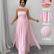 1pc Women Solid Color Halter Dress With Pleated Detail, Elegant Sleeveless Long Dress Maxi Women Outfit - Amarillo - Ver 4