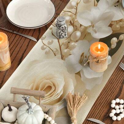 1pc Ivory Rose Pearl Leaf Table Runner, Pearl White, Polyester Printed, Luxury Elegant Decor Cloth For Sideboard, Wedding/Spring Afternoon Tea Table Decoration, Suitable For Family Gathering/Indoor & Outdoor Decor/Entryway/Coffee Table/Living Room Ambiance/Kitchen Dining/Holiday Natural Gift