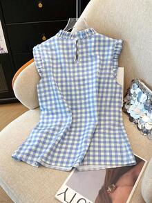 Camisas para mujer sencillas de uso casual/oficina con cuello con volantes, para primavera/verano - Azul y blanco - Ver 2