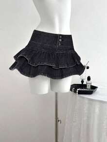 Falda de mezclilla de moda para mujer con diseño de cintura con botones y dobladillo con doble volante - Negro - Ver 6