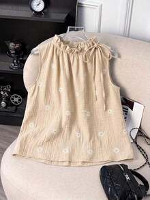Blusa sin mangas con estampado floral diminuto y cuello con volantes, casual de verano para mujer - Caqui - Ver 2