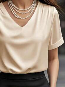 1 pieza Blusa de mujer de unicolor de satén con cuello en V y manga corta, elegante y de moda para uso diario, oficina, hogar, citas, primavera/verano, color negro casual - Champán - Ver 4