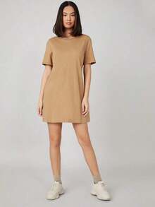 Vestido corto de mujer de unicolor para uso casual, diario y de fiesta - Caqui - Ver 5