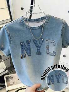 Camiseta casual de mujer con cuello redondo y mangas cortas, con efecto desgastado, versátil para uso diario - Multicolor 5 - Ver 6
