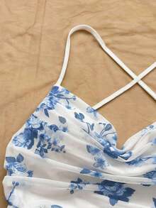Vestido mini de mujer para vacaciones con tirantes finos, escote pronunciado, espalda descubierta, lazo, bajo estilo sirena, estilo romántico, vestido mini para pausas de té, caminatas al aire libre, citas, atuendo de playa, malla, joven y feme - Multicolor 2 - Ver 4