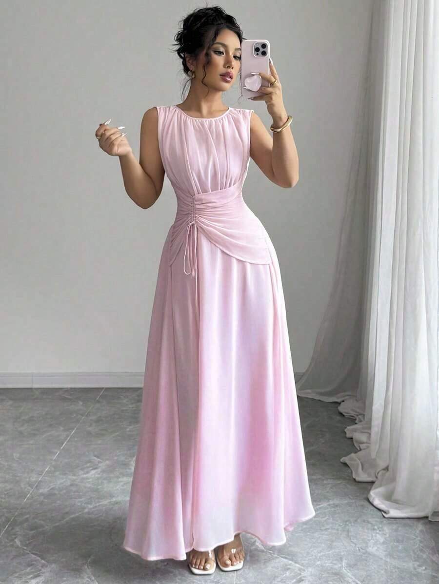 Vestido maxi casual, romántico, vintage y elegante de gasa para mujer con cordón en la cintura, para la playa, el té de la tarde, fiestas de noche, uso diario, sin mangas, de unicolor, vestido largo, primavera/verano - Rosa - Ver 1