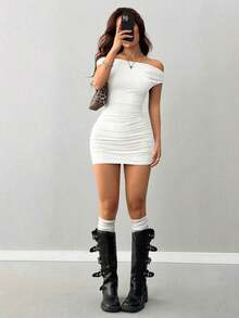 Vestido mini con hombros descubiertos y volantes, sexy - Blanco - Ver 5