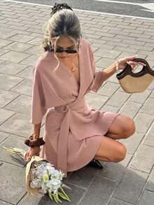 Vestido corto casual y de viaje con cuello en V y estampado de cuadros para mujer - Rosa vieja - Ver 7