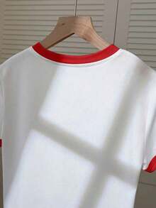Camiseta casual de mujer con bloque de color y bordado de limón en cuello redondo - Blanco 9 - Ver 5