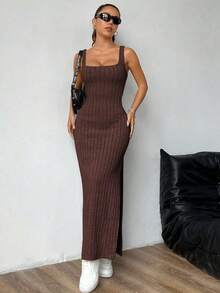 maxi informal sin mangas con abertura lateral, atuendo de mujer - Marrón - Ver 3