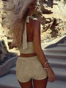 Conjunto de 2 piezas de punto de verano para mujer, top de punto sin mangas con lazo delantero a juego con shorts con cordón, estilo casual de vacaciones en la playa, conjunto ajustado y sexy en color camello, ropa de verano para mujer - Camel - Ver 6